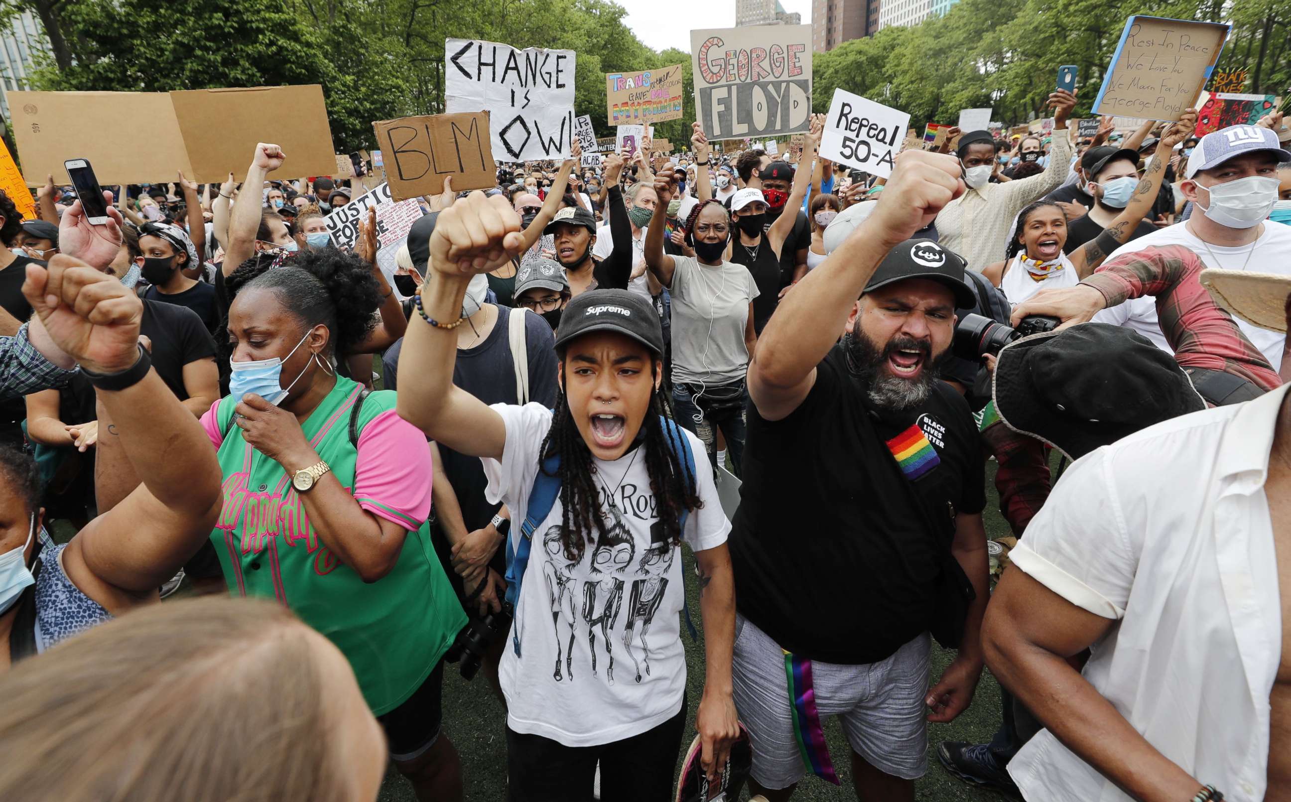 PHOTO: People rally during a George Floyd Memorial in Brooklyn, New York, June 4, 2020.
