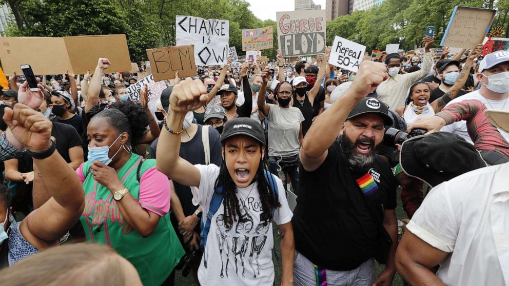 PHOTO: People rally during a George Floyd Memorial in Brooklyn, New York, June 4, 2020.