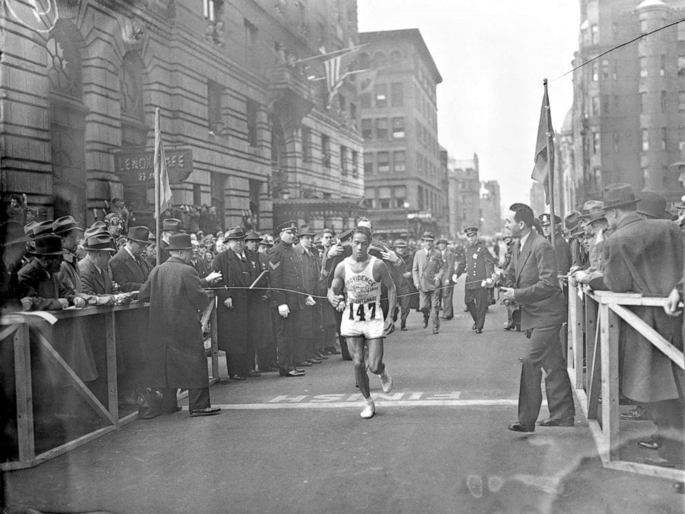 PHOTO: Ellison M. "Tarzan" Brown, a 22-year-old a member of Rhode Island's Narragansett tribe, breaks the tape to win the 40th annual Boston Marathon, April 19, 1936,in Boston.