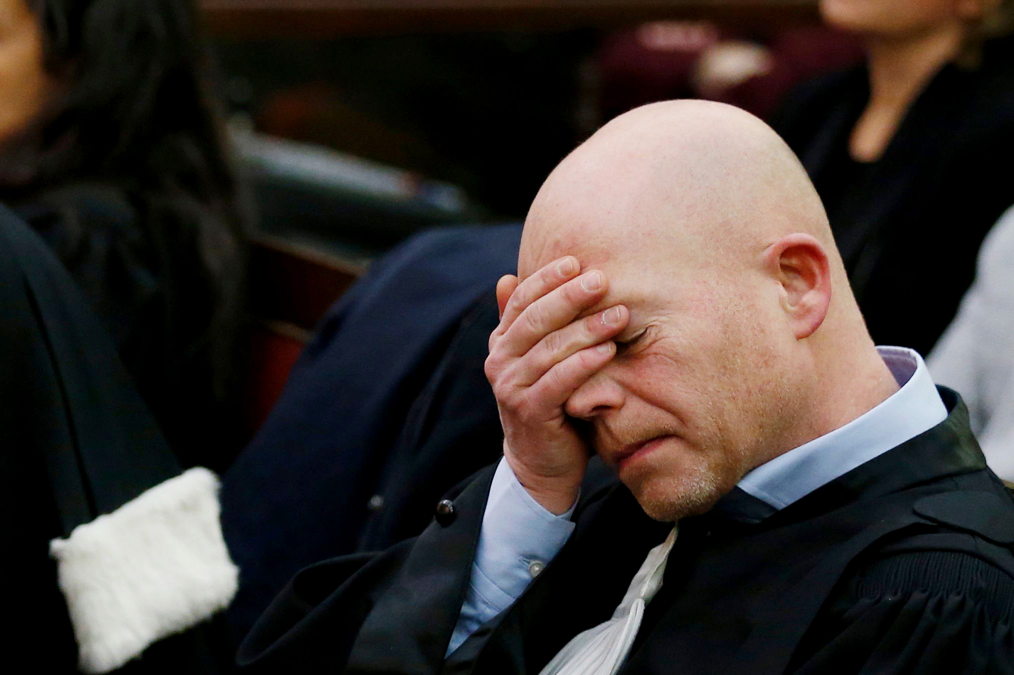 Belgian lawyer representing Paris attacks suspect Salah Abdeslam Sven Mary, reacts during the second day of the trial of prime suspect in the November 2015 Paris attacks Salah Abdeslam, at the "Palais de Justice" courthouse in Brussel, Feb. 8, 2018.