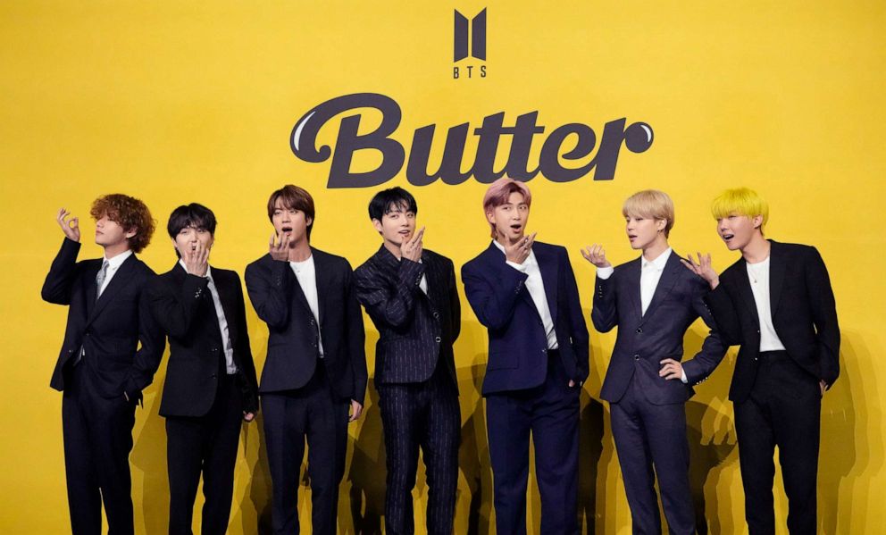 PHOTO: Members of South Korean K-pop band BTS pose for photographers to introduce their new single "Butter" in Seoul, South Korea, May 21, 2021.