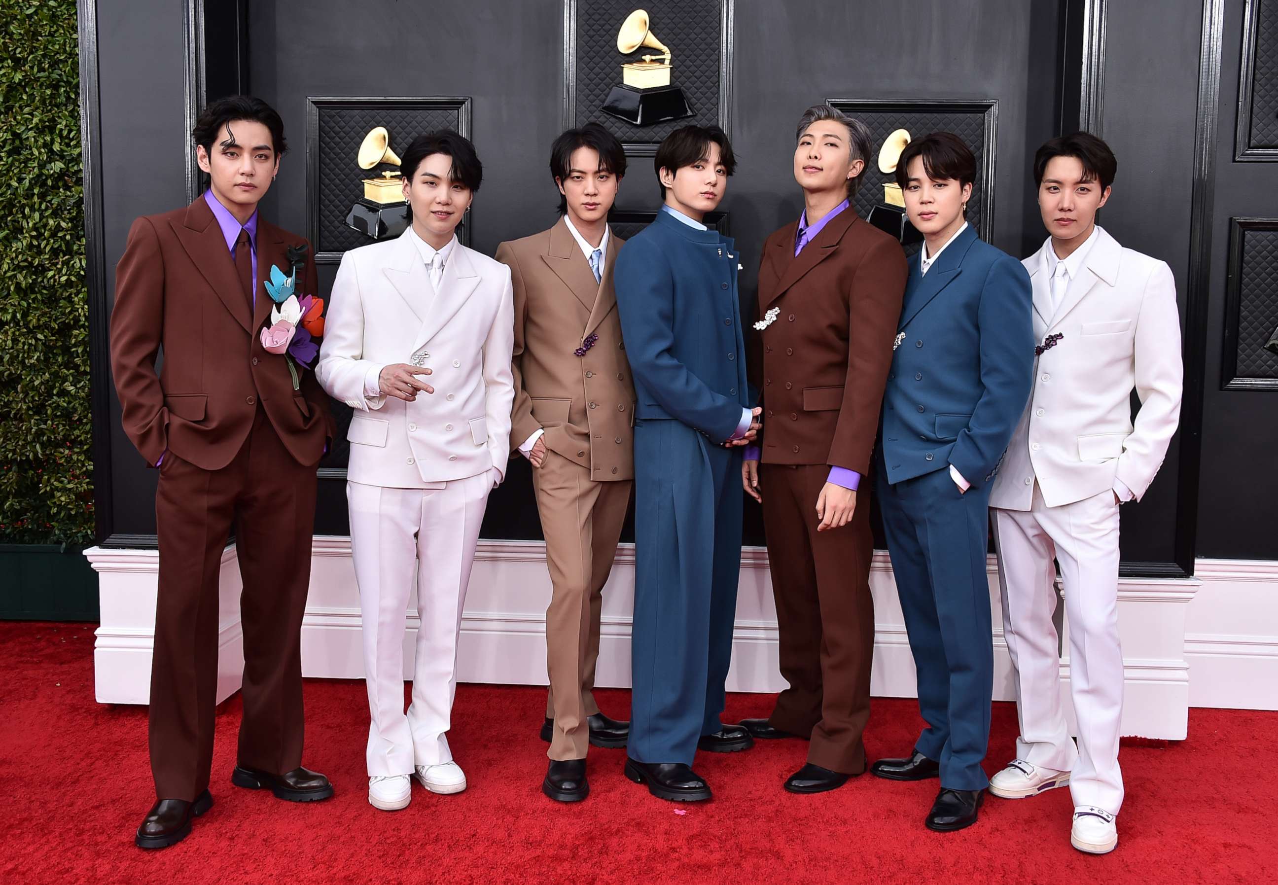 PHOTO: BTS arrives at the 64th Annual Grammy Awards on April 3, 2022, in Las Vegas.