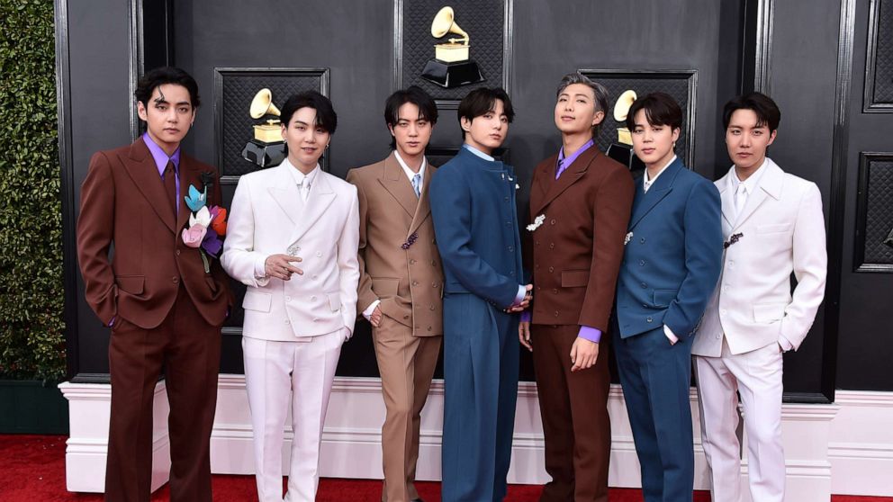 PHOTO: BTS arrives at the 64th Annual Grammy Awards on April 3, 2022, in Las Vegas.