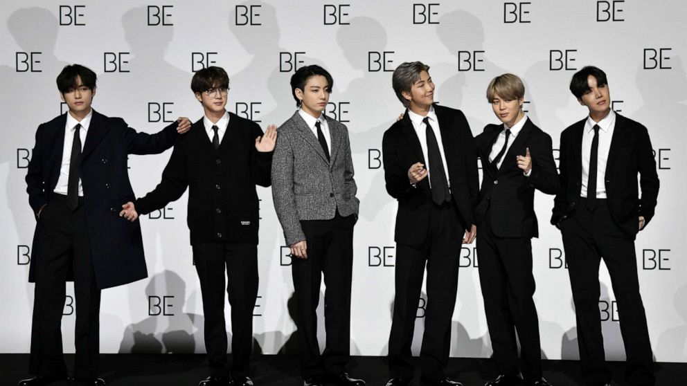 PHOTO: South Korean K-pop boy band BTS members during a press conference on BTS new album 'BE (Deluxe Edition)' in Seoul on Nov. 20, 2020.