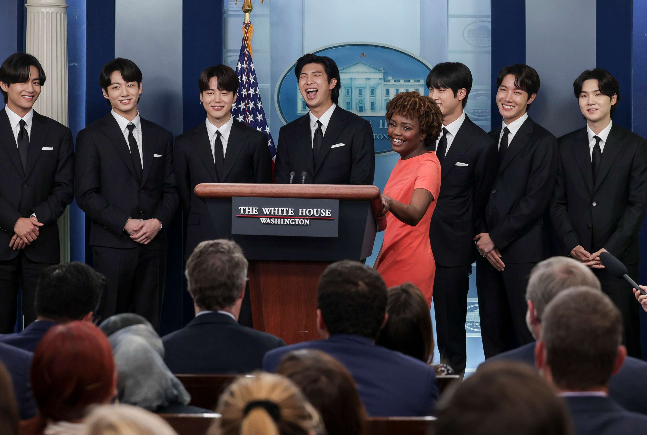 PHOTO: White House Press Secretary Karine Jean-Pierre welcomes members of the South Korean pop group BTS to the daily press briefing at the White House in Wasington, May 31, 2022.