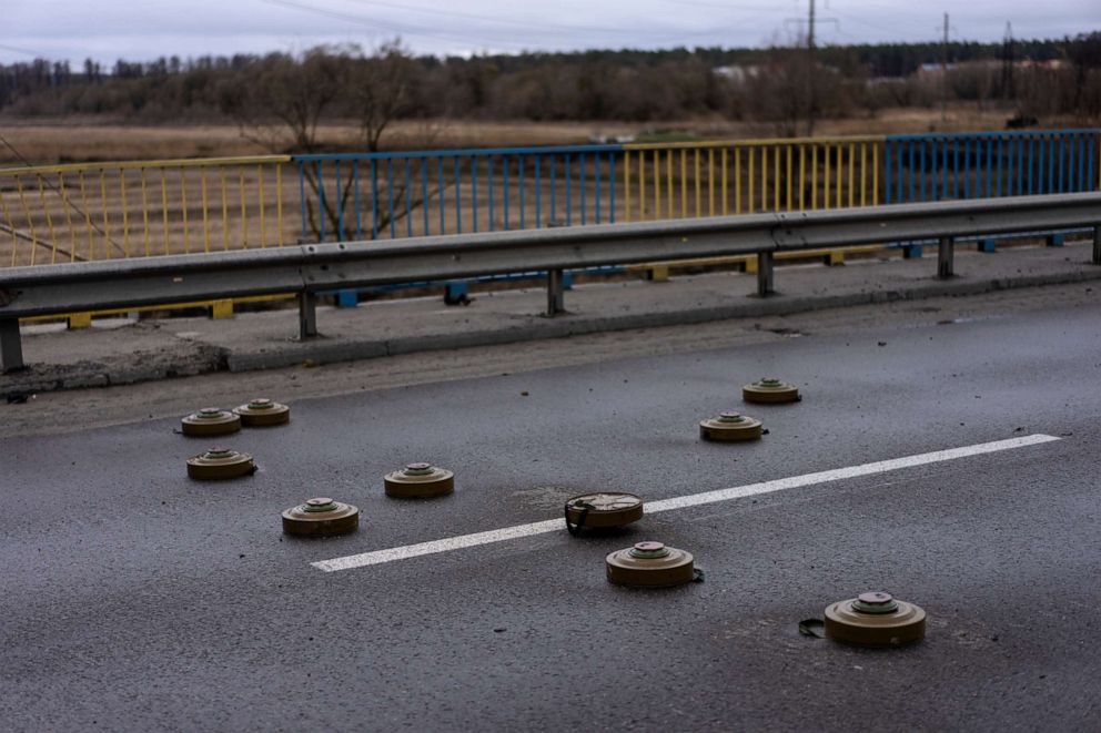 PHOTO: Anti-tank mines are spread out on a bridge in Bucha, Ukraine, April 2, 2022.
