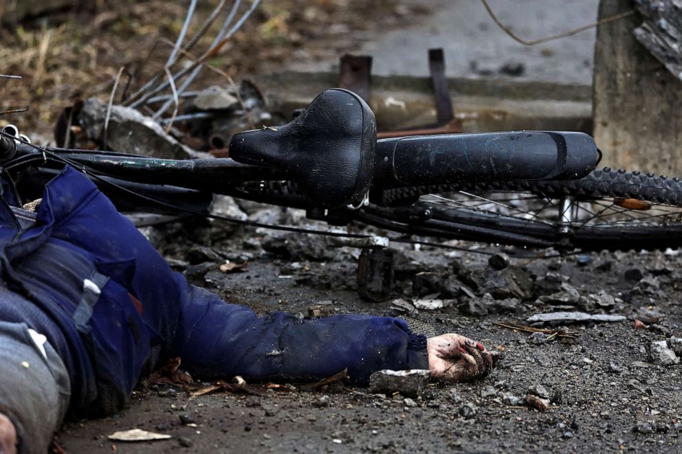 PHOTO: A body of a woman, who according to residents was killed by Russian army soldiers, lies on the street, amid Russias invasion of Ukraine, in Bucha, Ukraine April 2, 2022.