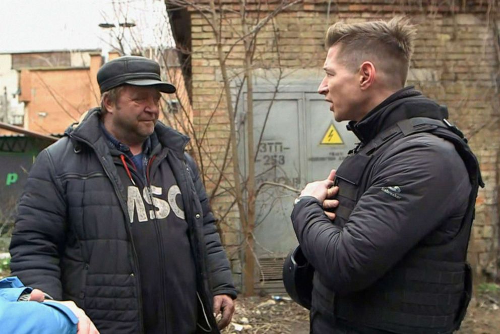 PHOTO: ABC News' James Longman reports from Bucha, Ukraine, on April 5, 2022, where he spoke with resident Mykola Pavlyuk who detailed alleged war crimes committed by Russian forces, as human rights groups document the atrocities.