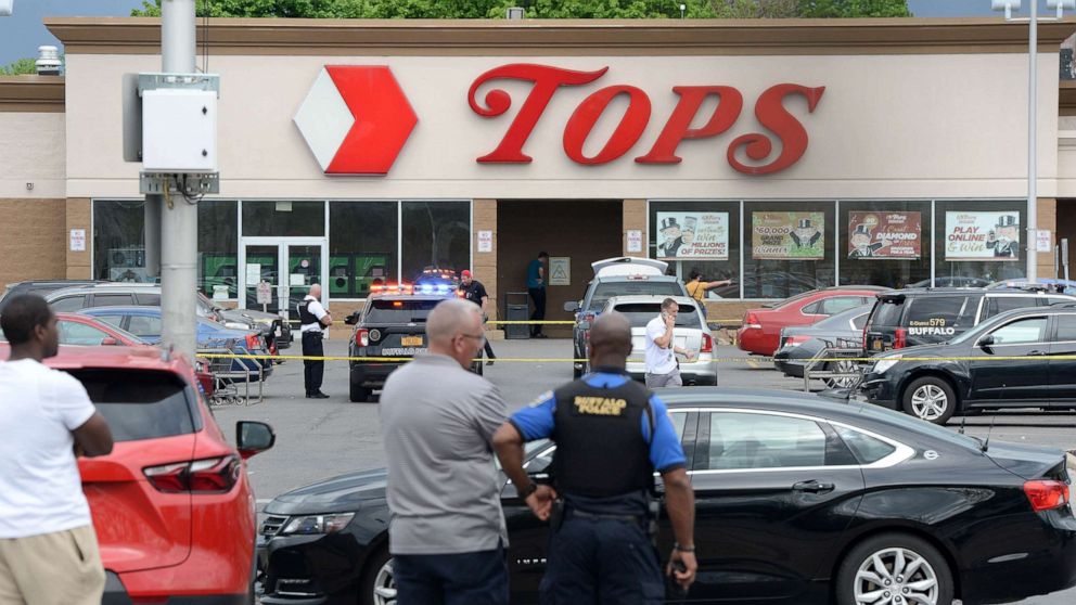 PHOTO: Buffalo Police secure the scene of a mass shooting at a Tops Friendly Market in Buffalo, NY, May 14, 2022. 