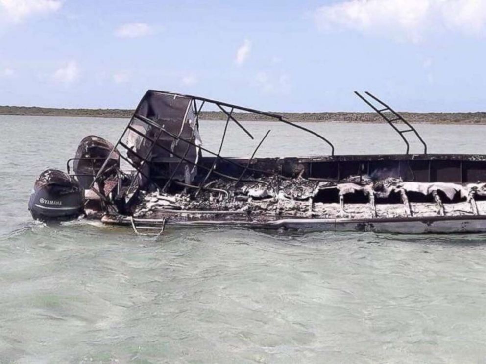 All that remained of the boat after the explosion near Exuma, Bahamas, which killed one person, was a burned out frame.