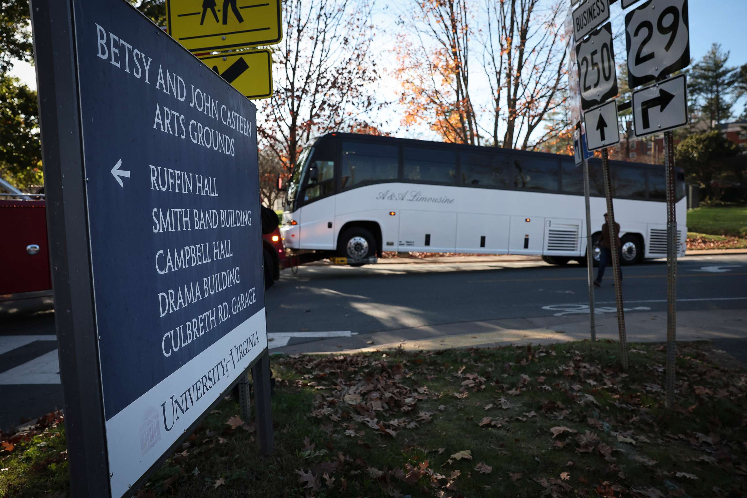 PHOTO: A tour bus where three University of Virginia football players were killed in an overnight shooting is towed away from the crime scene, Nov. 14, 2022, in Charlottesville, Va.