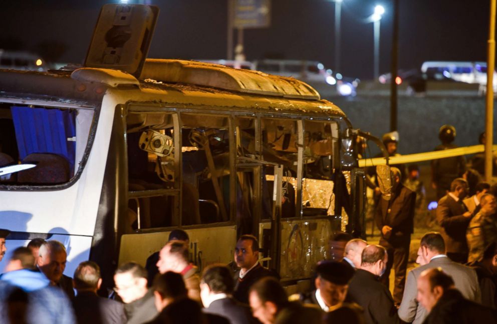 PHOTO: Officials surround a tourist bus which was damaged when a bomb detonated in Giza province, Egypt, Dec. 28, 2018.