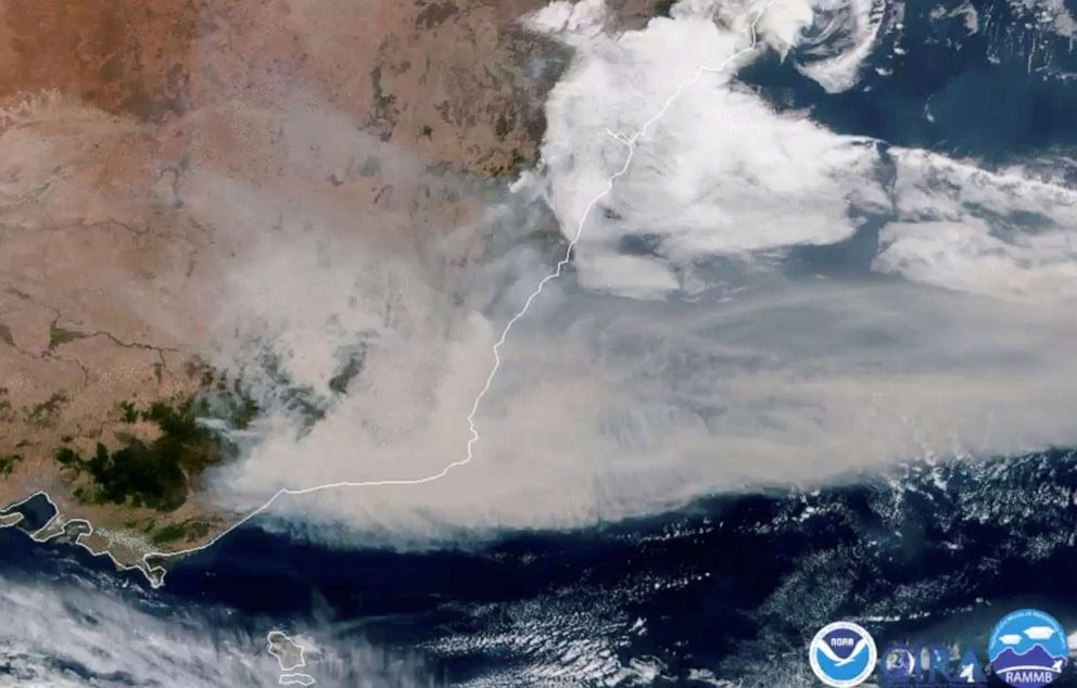 PHOTO: A satellite image shows bush fire smoke being blown away from Australia towards New Zealand, Jan. 2, 2020.