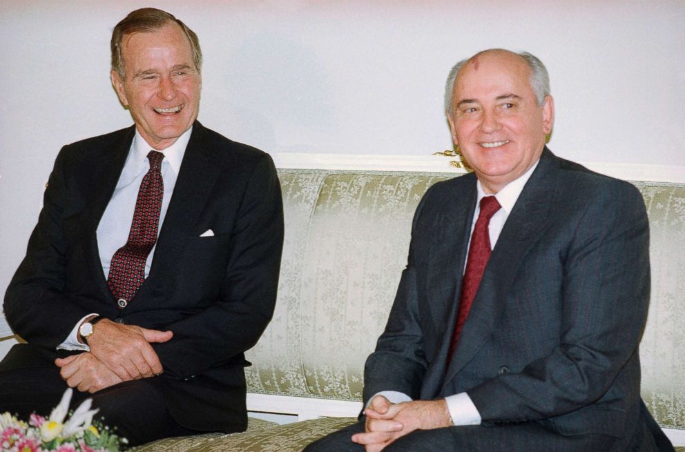 PHOTO: President George H. Bush, left, and Soviet President Mikhail Gorbachev sit together at the Soviet Embassy after meeting in Madrid, Spain, Oct. 29, 1991.