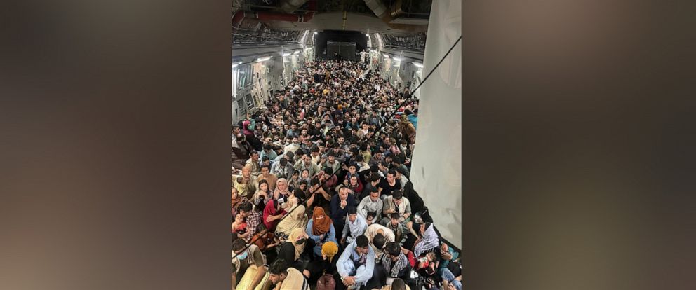 PHOTO: In this photo released by the U.S. Air Force, the C-17 cargo plane that left Kabul's airport on Aug. 15, 2021, was packed with approximately 640 people.