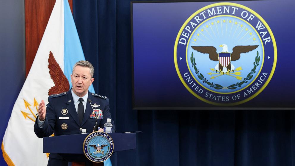 PHOTO: Chairman of the Joint Chiefs of Staff General Dan Caine speaks during a briefing on the Iran war, amid a ceasefire between the U.S. and Iran, at the Pentagon in Washington, April 24, 2026. 