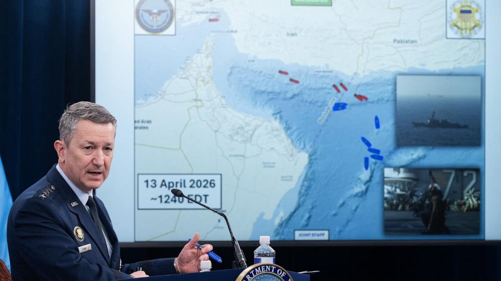 PHOTO: Chairman of the Joint Chiefs of Staff General Dan Caine displays a map showing the blockade line in the Strait of Hormuz during a briefing on the Iran war, at the Pentagon in Washington, April 16, 2026.