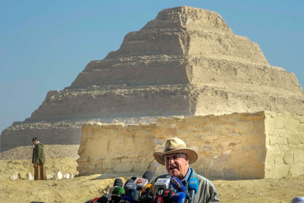 Photo: Egyptian archaeologist Zahi Hawass, director of the Egyptian excavation team, speaks during a news conference at the site of Djoser's Step Pyramid in Saqqara, 15 miles southwest of Cairo, Egypt, on January 26, 2023.
