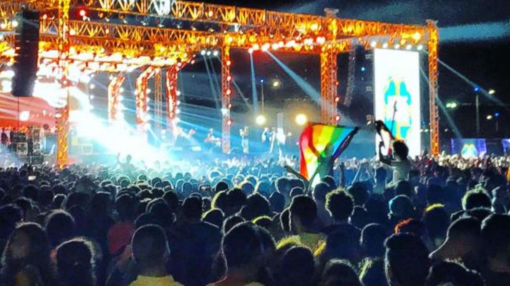 Fans of the Lebanese group Mashrou Leila show a a rainbow flag at a concert in Cairo, Sept. 22, 2017. The most famous Indie Rock band in the Arabic World is banned from Egypt because of rainbow flags at their concert.

