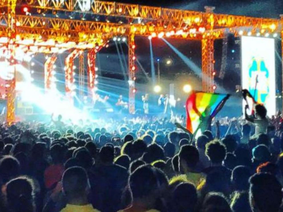 PHOTO: Fans of the Lebanese group Mashrou Leila show a a rainbow flag at a concert in Cairo, Egypt, Sept. 22, 2017.