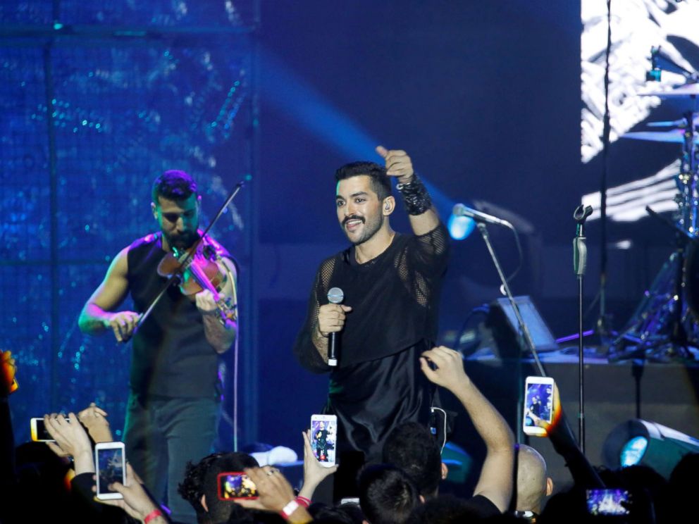PHOTO: Hamed Sinno (R), the lead singer of Lebanese alternative rock band Mashrou Leila performs during the Ehdeniyat International Festival in Ehden town, Lebanon, Aug. 12, 2017.