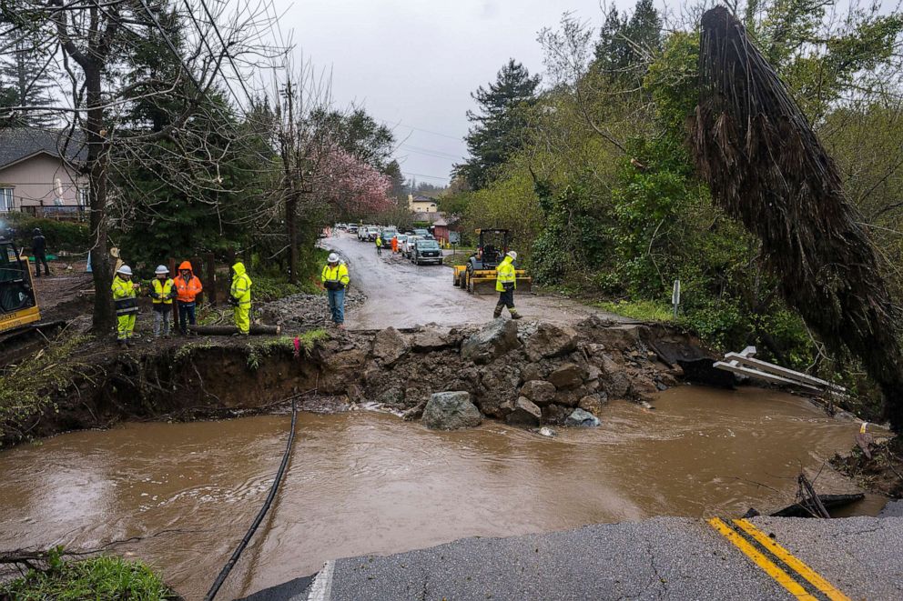 PHOTO: Crews assess storm damage, which washed out North Main Street in Soquel, Calif., March 10, 2023.