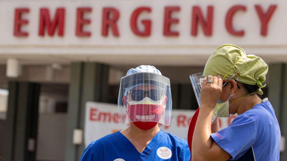 PHOTO: Healthcare workers at Fountain Valley Regional Hospital hold a rally outside their hospital for safer working conditions during the outbreak of the coronavirus disease (COVID-19) in Fountain Valley, California, Aug. 6, 2020.