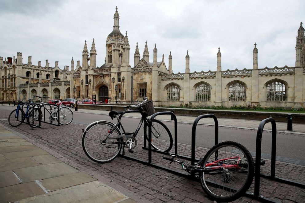PHOTO: Bikes are seen outside the University of Cambridge in Cambridge, England, on April 1, 2020.