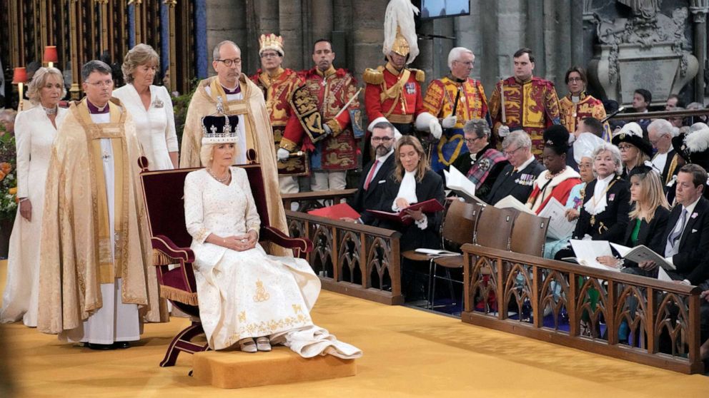 PHOTO: Queen Camilla is crowned with Queen Mary's Crown during her coronation ceremony at Westminster Abbey, London, May 6, 2023.