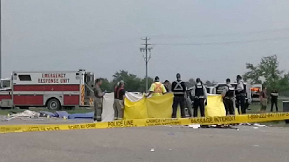 PHOTO: First responders secure the area of ​​the crash scene near Carberry, Manitoba, Canada on June 15, 2023, in this still image obtained from a social media video.