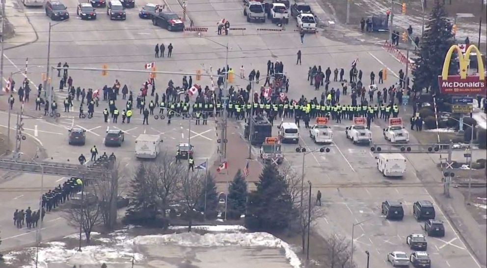 PHOTO: The Windsor Police and additional law enforcement agencies are clearing demonstrators near the Ambassador Bridge in Windsor, Ontario, Canada, Feb. 12, 2022.