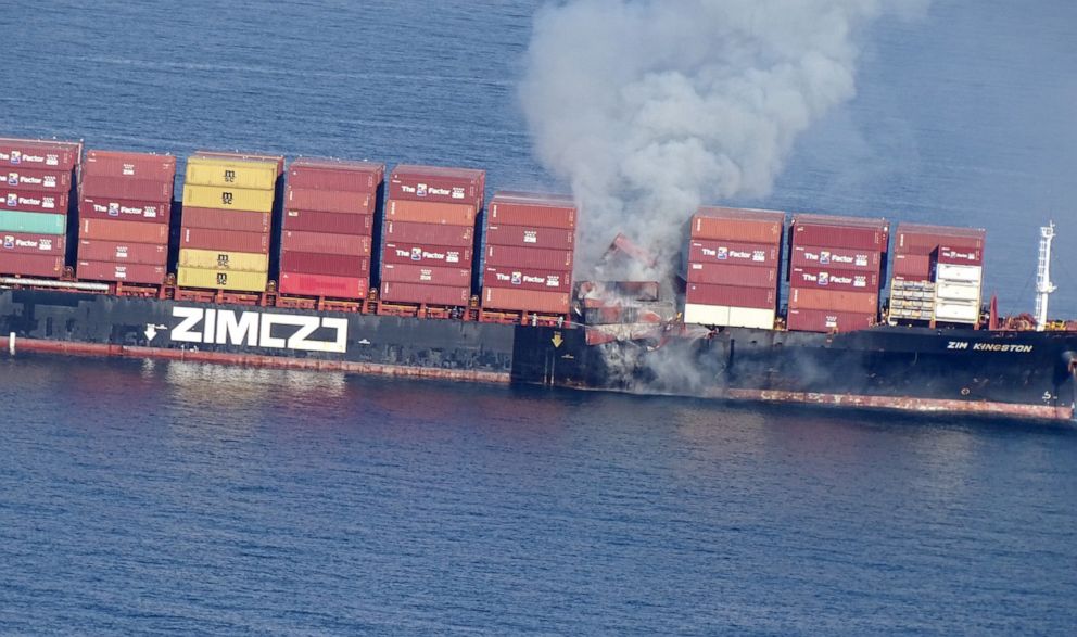 PHOTO: Smoke rises from the container ship Zim Kingston, burning from a fire on board, off the coast of Victoria, British Columbia, Canada, Oct. 23, 2021.