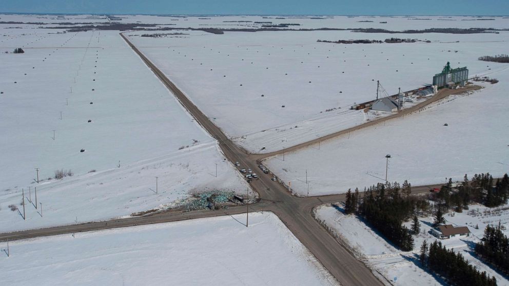 PHOTO: The wreckage of a fatal crash outside of Tisdale, Sask., is seen, April, 7, 2018.