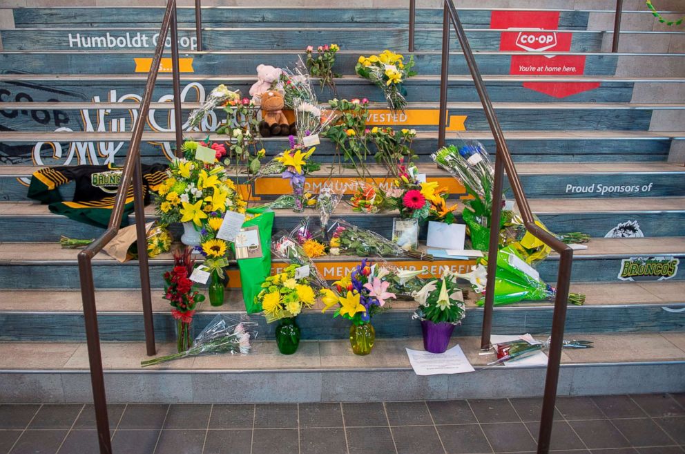 PHOTO: A memorial at the stairs that lead to Elgar Petersen Arena is pictured in Humboldt, Saskatchewan, April 7, 2018.