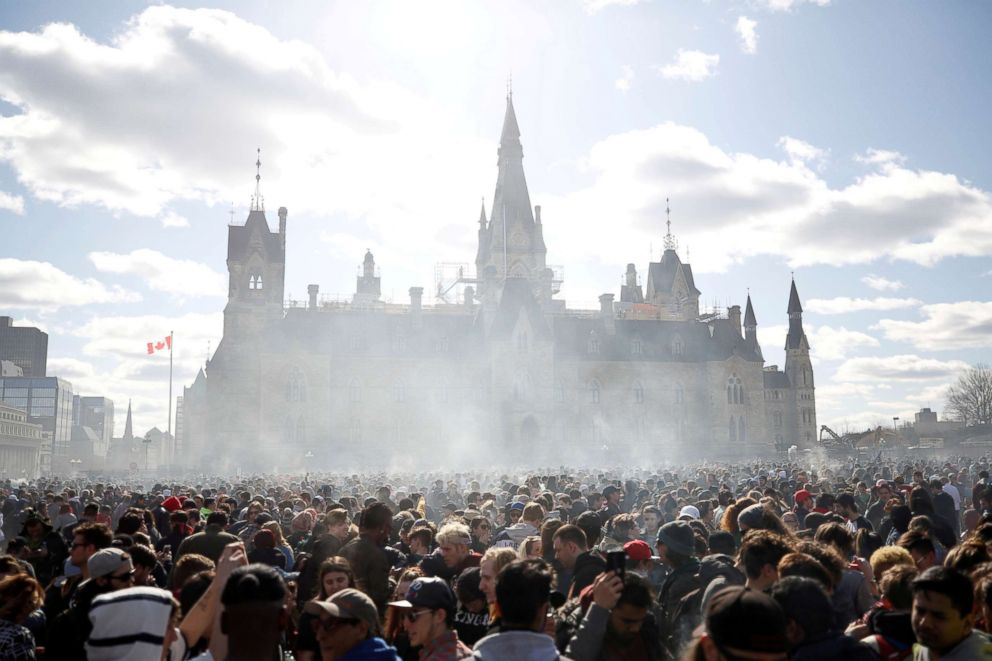 PHOTO: Smoke rises during the annual marijuana rally on Parliament Hill in Ottawa, Ontario, Canada, April 20, 2018.