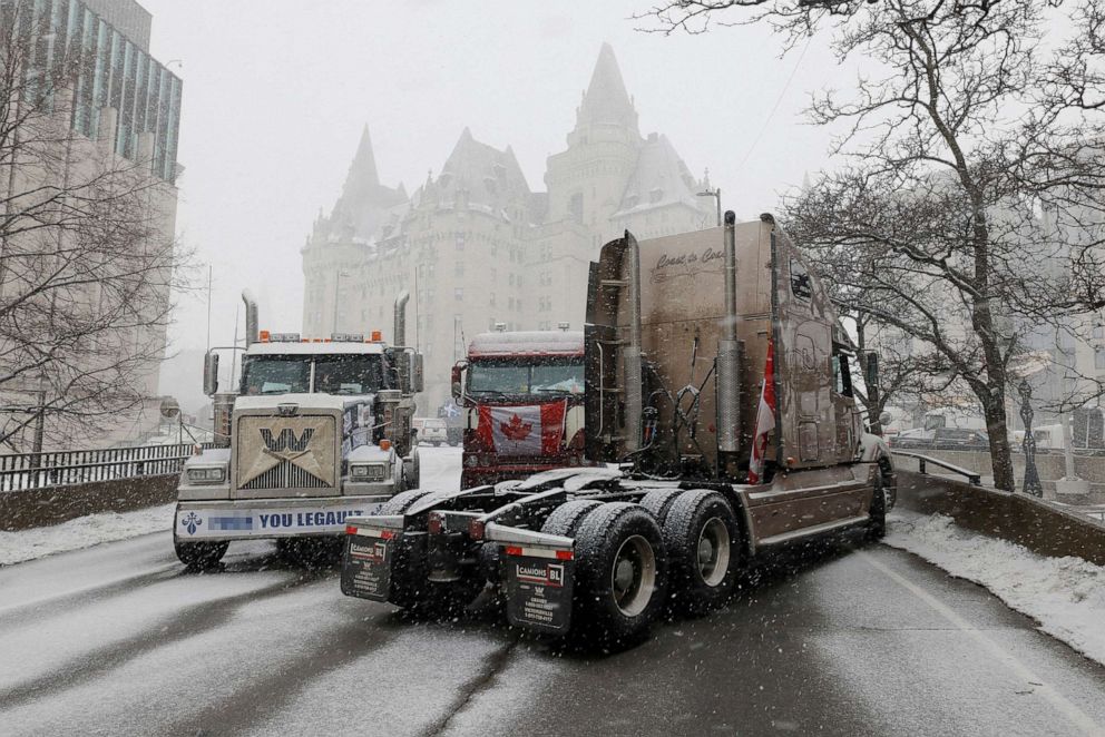 PHOTO: Vehicles clog downtown streets as truckers and supporters continue to protest COVID-19 vaccine mandates, in Ottawa, Ontario, Canada, Feb. 12, 2022.