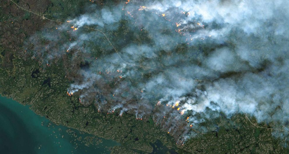 PHOTO: This handout satellite image courtesy of the European Space Agency's (ESA) Copernicus Sentinel-2 sattelite taken on Aug. 16, 2023, shows fires burning in Yellowknife, Northwest Territories, Canada.
