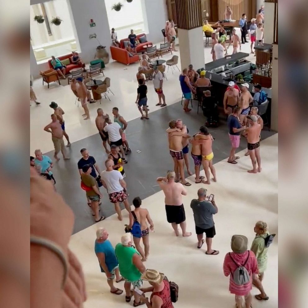 PHOTO: Guests gather in the hotel lobby after a shooting at Hyatt Ziva Riviera Cancun resort, in Cancun, Quintana Roo, Mexico, Nov. 4, 2021, in this still image obtained from a social media video.