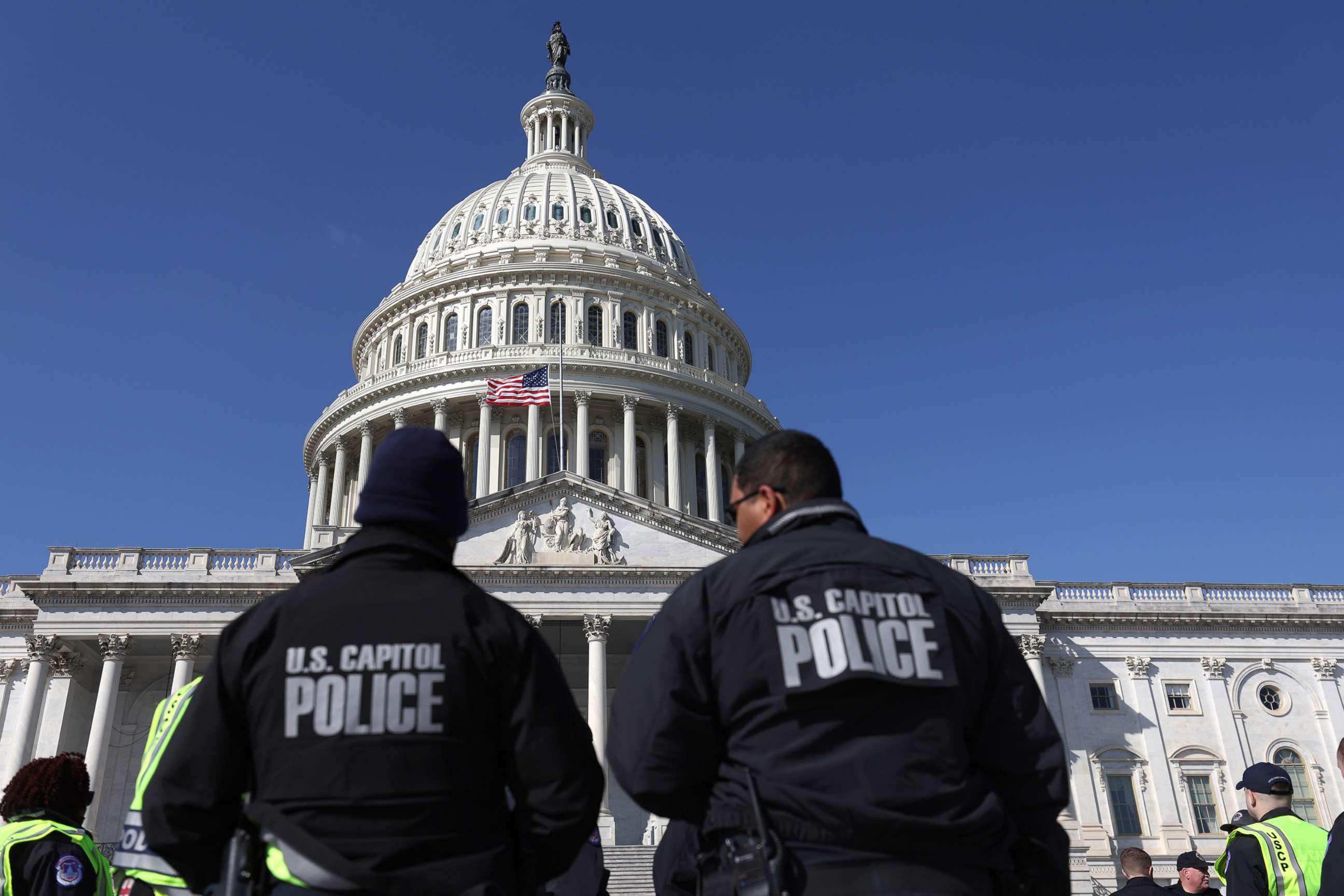 PHOTO: Capitol police officers gather on the east front plaza of the Capitol, Feb.28, 2022, in Washington, D.C., ahead of U.S. President Joe Biden's State of the Union address on Tuesday evening.