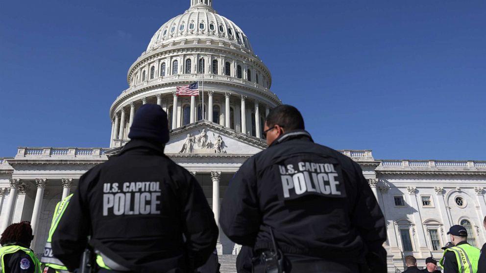 PHOTO: Capitol police officers gather on the east front plaza of the Capitol, Feb.28, 2022, in Washington, D.C., ahead of U.S. President Joe Biden's State of the Union address on Tuesday evening.