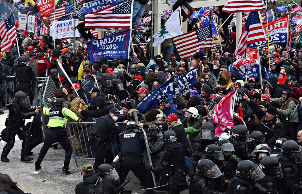 PHOTO: Trump supporters clash with police and security forces as they push barricades to storm the Capitol in Washington D.C., Jan. 6, 2021.