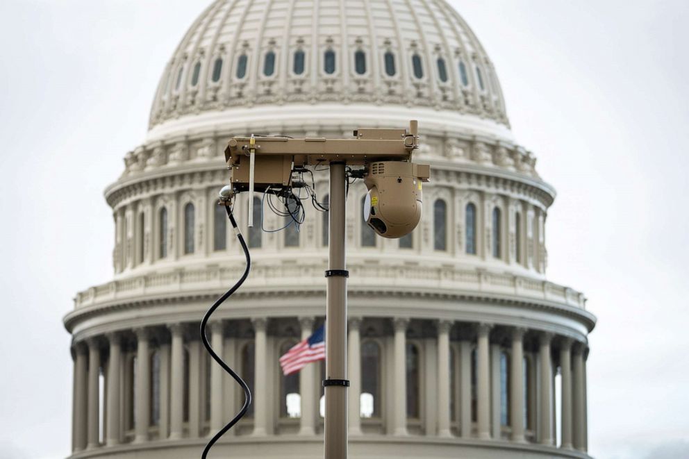 PHOTO: A recently installed surveillance camera stands on the East Front of the U.S. Capitol on Sept. 17, 2021 in Washington.
