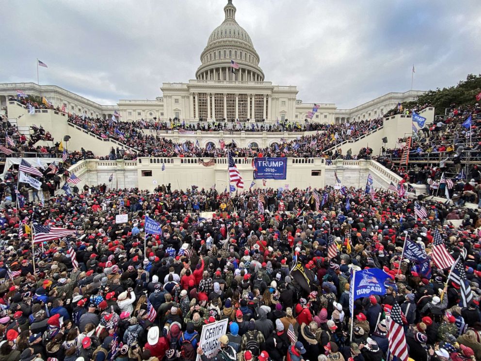 PHOTO: President Donald Trump's supporters gather outside the Capitol building in Washington D.C., on Jan. 06, 2021.