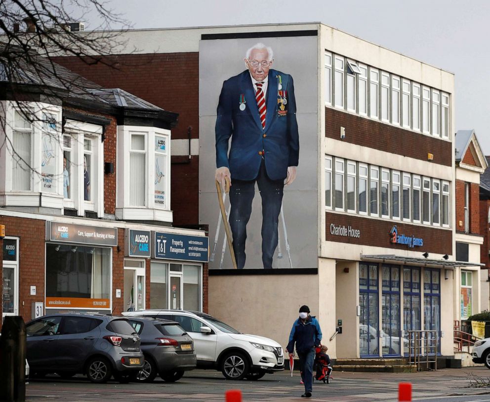 PHOTO: A mural of Captain Sir Tom Moore is seen on a building in Southport, Britain, Feb. 3, 2021.