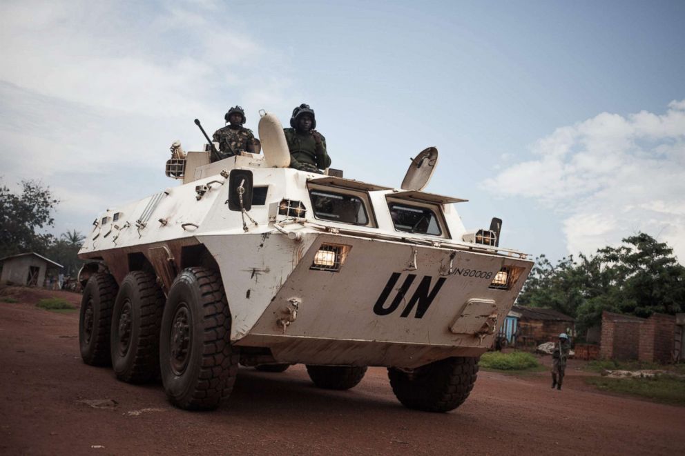 PHOTO: Tanzanian soldiers from the UN peacekeeping mission in the Central African Republic (MINUSCA), patrol the town of Gamboula, threatened by the Siriri group, July 6, 2018