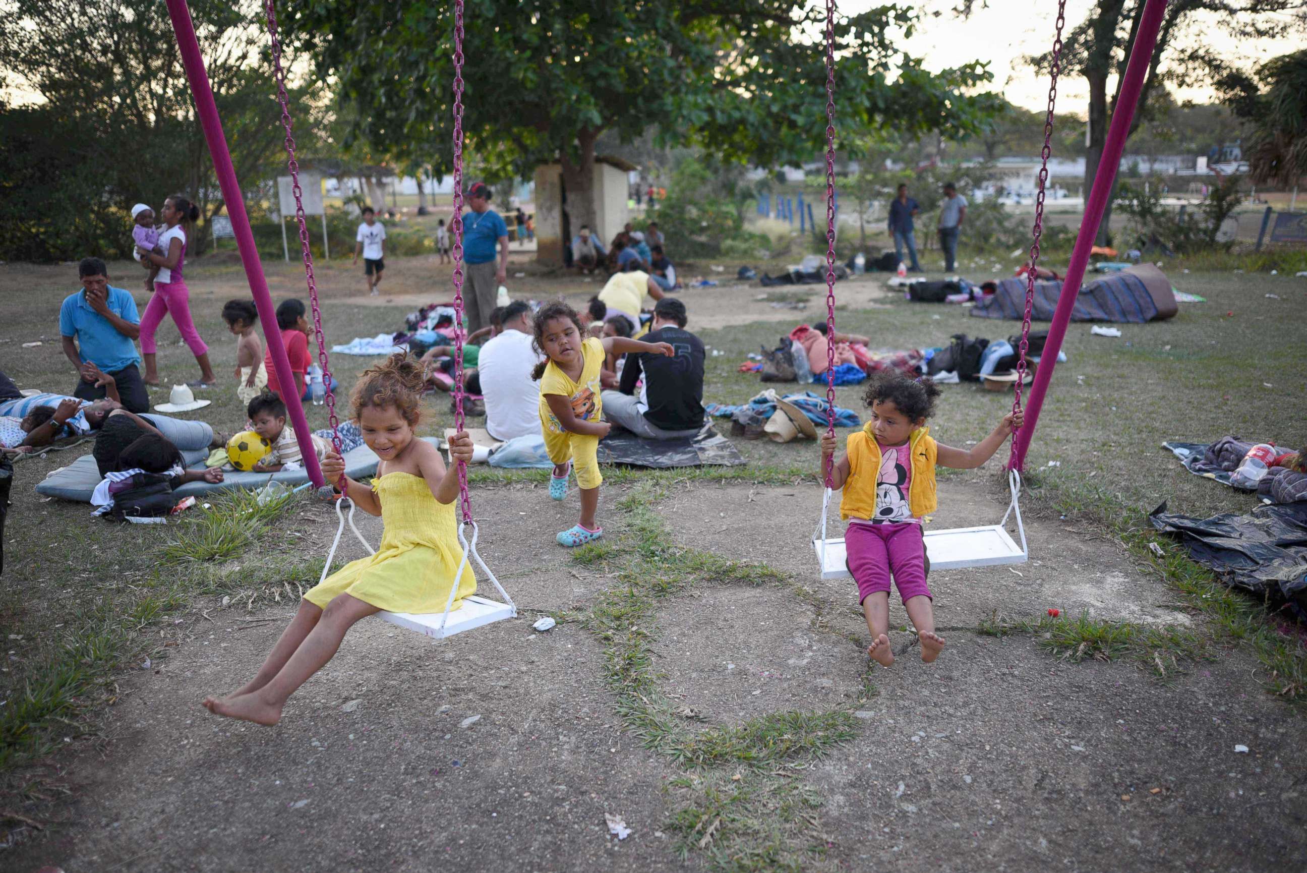 PHOTO: Central American children taking part in a caravan called "Migrant Viacrucis" play at a sports center field in Matias Romero, Oaxaca state, Mexico, April 2, 2018.