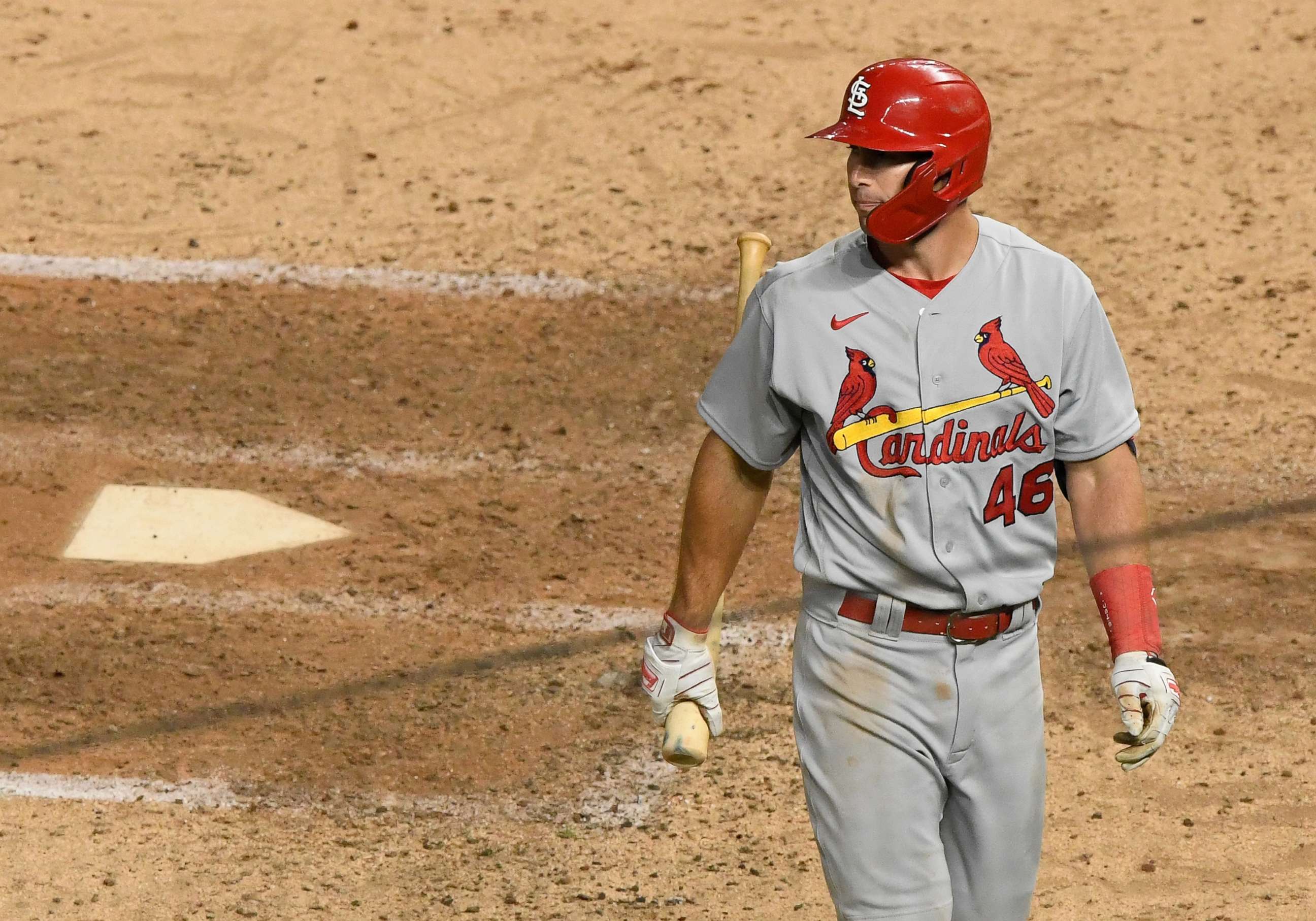 PHOTO: Paul Goldschmidt #46 of the St. Louis Cardinals reacts to striking out against the Minnesota Twins to end the game at Target Field, July 29, 2020, in Minneapolis, Minnesota.