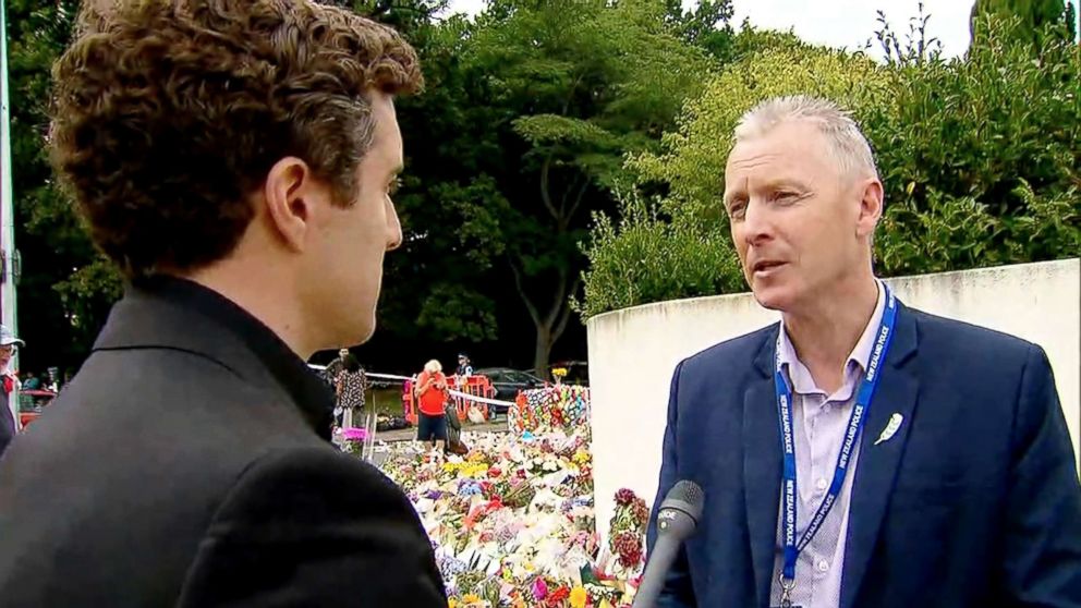 PHOTO: ABC News' Will Carr speaks to Chris Cahill, president of New Zealand Police Association in Christchurch, New Zealand, in this image made from video.