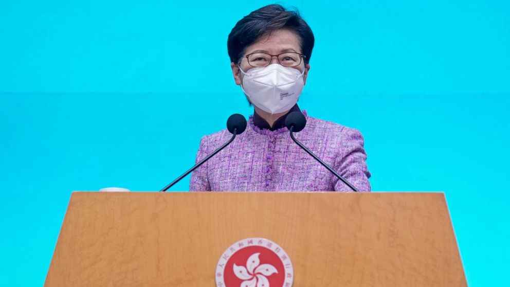 PHOTO: Hong Kong Chief Executive Carrie Lam listens to reporter's questions during a news conference on April 4, 2022 in Hong Kong, China.