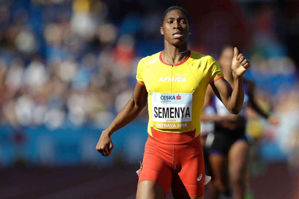 PHOTO: In  this file Sept. 9, 2018 photo, Caster Semenya of South Africa crosses the finish line to win the women's 800 meters for Africa, at the IAAF track and field Continental Cup in Ostrava, Czech Republic.